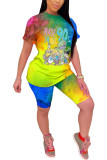 Orange Fashion Casual adult Ma'am Patchwork Print Character Tie Dye Two Piece Suits Straight Short Sleeve Two Pieces