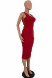 Red Fashion Sexy adult White Red Black Yellow Tank Sleeveless Square Step Skirt Mid-Calf Patchwork bandage Solid hollow out Dresses