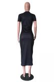 Grey Fashion adult OL Black Grey Cap Sleeve Short Sleeves O neck Asymmetrical Mid-Calf Print Patchwork hole lip Dresses
