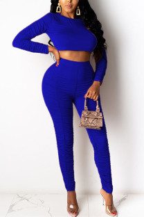 Blue Fashion Sexy Adult Solid Fold O Neck Long Sleeve Regular Sleeve Short Two Pieces