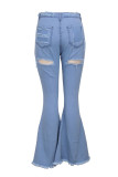Light Blue Denim Zipper Fly High Hole washing Boot Cut Pants Bottoms