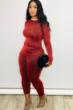 Red Casual Print Two Piece Suits pencil Long Sleeve