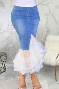 Blue Denim Button Fly Sleeveless Mid Patchwork Solid Split Mesh A-line skirt Pants Bottoms