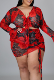 Red Casual Patchwork V Neck Plus Size Two Pieces