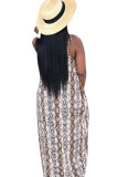 Navy Blue Casual Off The Shoulder Sleeveless Slip Swagger Floor-Length Print Patchwork