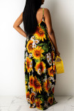 Navy Blue Casual Off The Shoulder Sleeveless Slip Swagger Floor-Length Print Patchwork