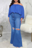 Dark Blue Fashion Casual Solid Ripped Plus Size Jeans