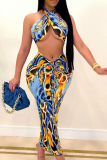 Blue Sexy Print Patchwork Halter Sleeveless Two Pieces