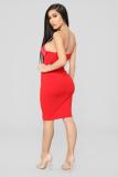 Red Fashion Sexy Spaghetti Strap Sleeveless Slip Step Skirt Knee-Length Patchwork Solid Club
