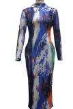 Blue Sexy Print Patchwork Half A Turtleneck Pencil Skirt Dresses