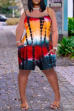 Red Fashion Casual Tie Dye Printing Spaghetti Strap Regular Romper