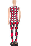 Yellow And Blue Sexy Print Patchwork V Neck Skinny Jumpsuits