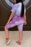 Powder blue Fashion Casual adult Patchwork Print Tie Dye Gradient Two Piece Suits pencil Short Sleeve Two Pieces