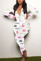 White Living Print V Neck Skinny Jumpsuits