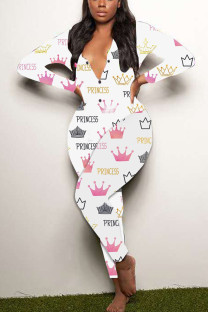 White Living Print V Neck Skinny Jumpsuits