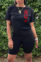 Black Fashion Casual Letter Print Basic O Neck Short Sleeve Two Pieces