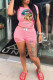 Pink Fashion Sexy adult O Neck Letter Patchwork Print Hole Burn-out Two Piece Suits Lips Print Stitching Plus Size