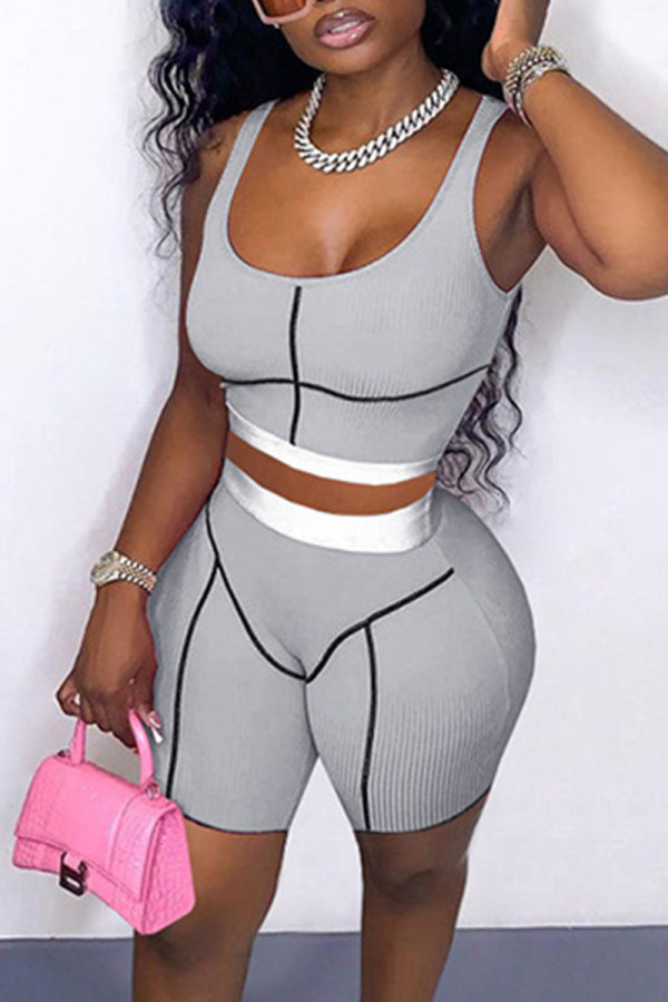 Grey Casual Print Patchwork U Neck Sleeveless Two Pieces