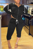 Black Gray Sportswear Solid Patchwork Hooded Collar Long Sleeve Two Pieces