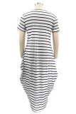 White Fashion Casual Plus Size Striped Print Basic O Neck Short Sleeve Dress