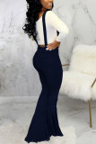 Light Blue Dark Blue Denim Bib pants Sleeveless High Patchwork Solid Hole Boot Cut Pants Bottoms