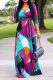 Colorful Blue Sexy Print Patchwork V Neck Waist Skirt Dresses