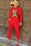 Black Elastic Fly Long Sleeve Mid Patchwork Sequin Print pencil Pants Two-piece suit