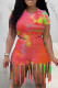 Pink Fashion Print Tie Dye Tassel O Neck Short Sleeve Two Pieces
