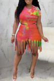 Blue Fashion Print Tie Dye Tassel O Neck Short Sleeve Two Pieces