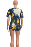Blue Fashion Sexy adult Patchwork Print Tie Dye Two Piece Suits Straight Half Sleeve Two Pieces