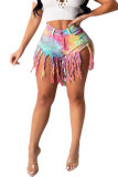 Yellow Dark Blue Denim Button Fly Sleeveless Mid Patchwork Print Tassel Old Straight shorts Bottoms