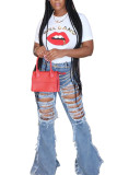 Light Blue Zipper Fly High Hole Boot Cut Pants Bottoms