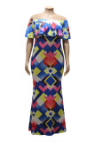 Blue Fashion Sexy Plus Size Print Backless Off the Shoulder Long Dress