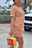 Red Casual Striped Print Patchwork O Neck Short Sleeve Two Pieces