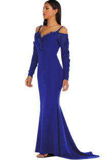 Blue Sexy Spaghetti Strap Long Sleeves V Neck Step Skirt Floor-Length Solid