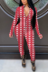 Red Casual Print Patchwork Zipper Collar Skinny Jumpsuits