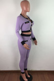 purple Street Geometric Patchwork O Neck Long Sleeve Regular Sleeve Short Two Pieces