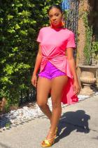 Pink O Neck Short Sleeve Solid Draped Split asymmetrical Tees & T-shirts