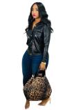 Black PU Notched Long Sleeve Patchwork Slim fit Solid Button Long Sleeve Tops