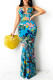 Blue Fashion Sexy Print Hollowed Out Backless Halter Sling Dress