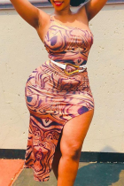 Pink Sexy Print High Opening One Shoulder Irregular Dress Plus Size Dresses