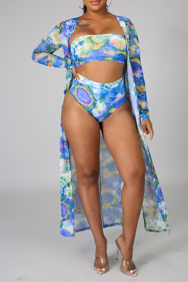 Blue Sexy Print Patchwork Swimwears Three Pieces