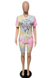 Pink Casual Letter Print Tie Dye Straight Short Sleeve Two Pieces