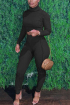 Black Sexy Solid Patchwork Turtleneck Long Sleeve Two Pieces