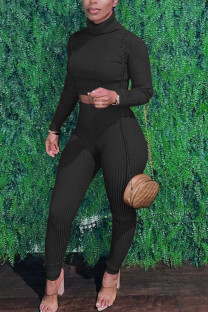Black Sexy Solid Patchwork Turtleneck Long Sleeve Two Pieces