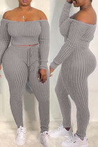 Grey Fashion Casual Solid Backless Off the Shoulder Long Sleeve Two Pieces