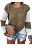 Brown O Neck Long Sleeve Patchwork Solid