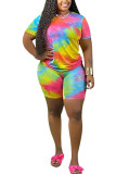 Blue Fashion Sexy adult Ma'am Tie Dye Two Piece Suits Straight Short Sleeve Two Pieces
