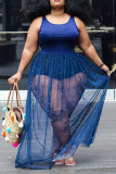 Blue Street O Neck Patchwork Print Mesh Stitching Plus Size