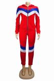 Red adult Fashion Active contrast color Patchwork Two Piece Suits Geometric pencil Long Sleeve